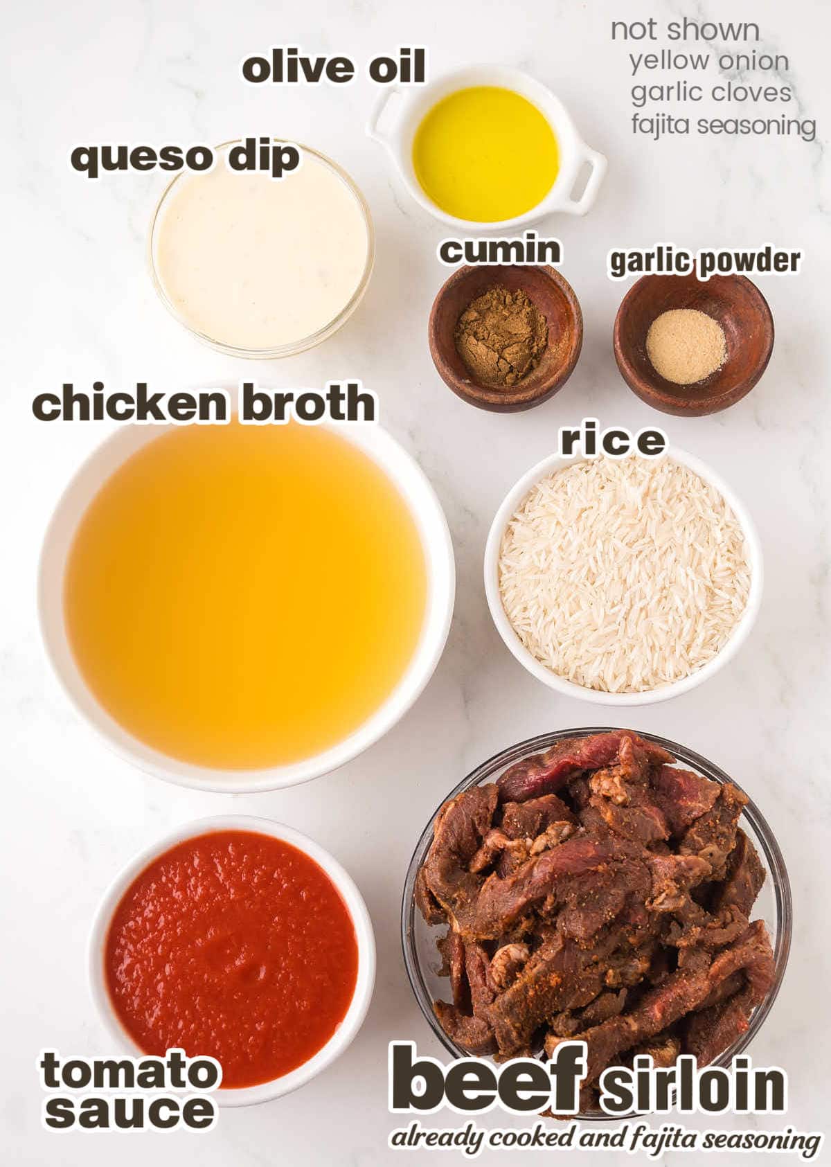 Ingredients needed to make cheesy Steak and Rice. 