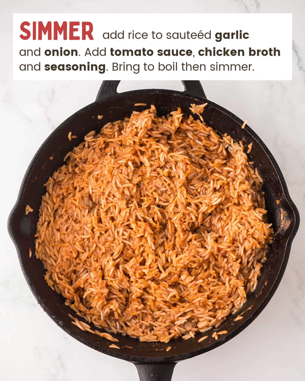 Cooked rice in the cast iron skillet. 
