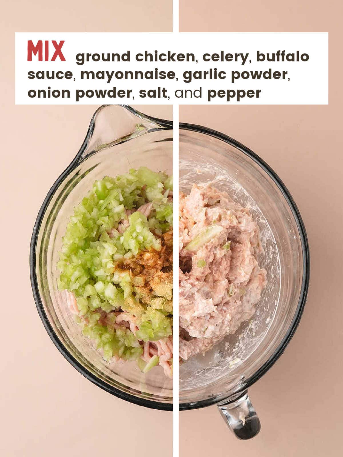 Ground chicken, chopped celery, buffalo sauce, and seasonings in a glass measuring bowl before and after mixing.