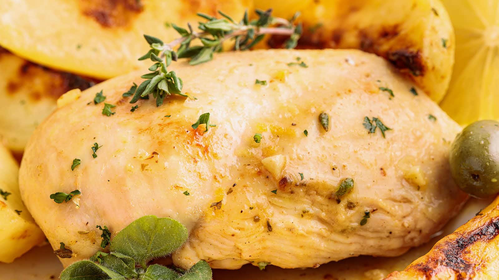 Close up of Greek Lemon Chicken and Potatoes with fresh herbs and a green olive.