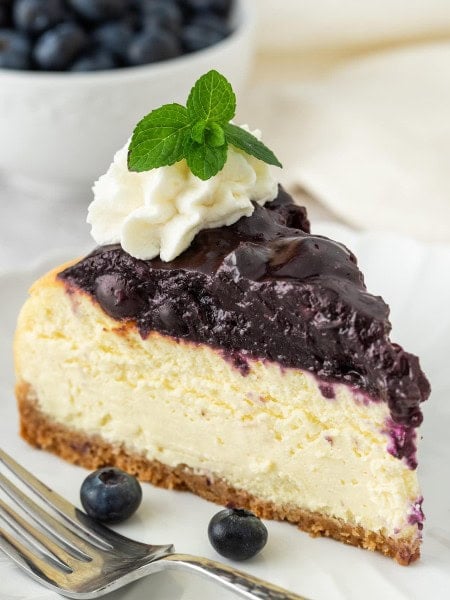 A slice of Blueberry Cheesecake topped with whipped cream and a mint sprig, with a fork and fresh blueberries.