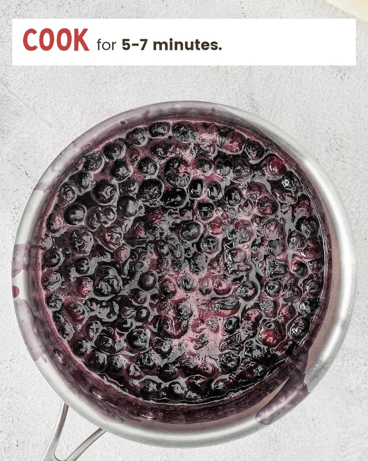 Cooked blueberry topping thickened in a saucepan.