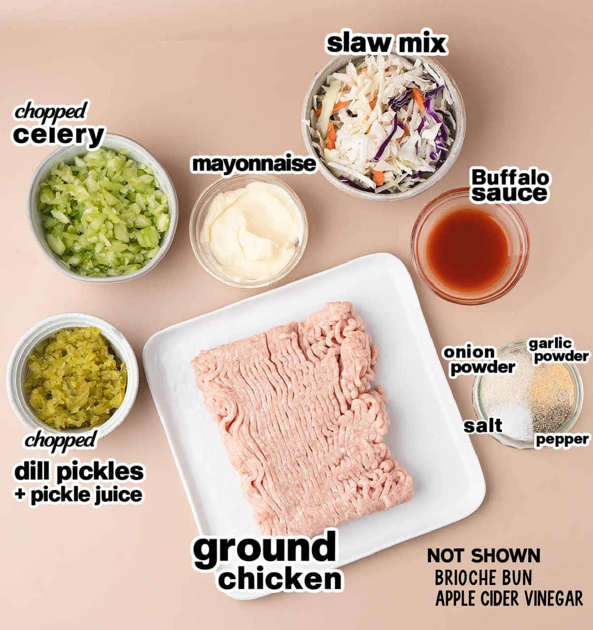 Ingredients needed to make Buffalo Chicken Burgers.