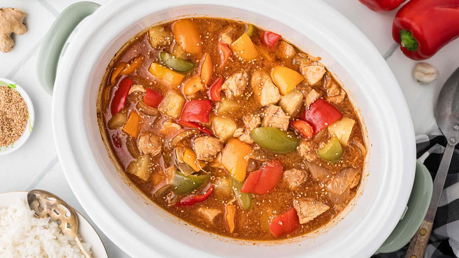 Overhead of Crockpot Sweet and Sour Chicken in the slow cooker.