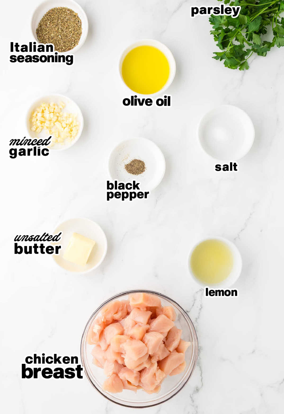Ingredients needed to make Garlic Butter Chicken Bites. 
