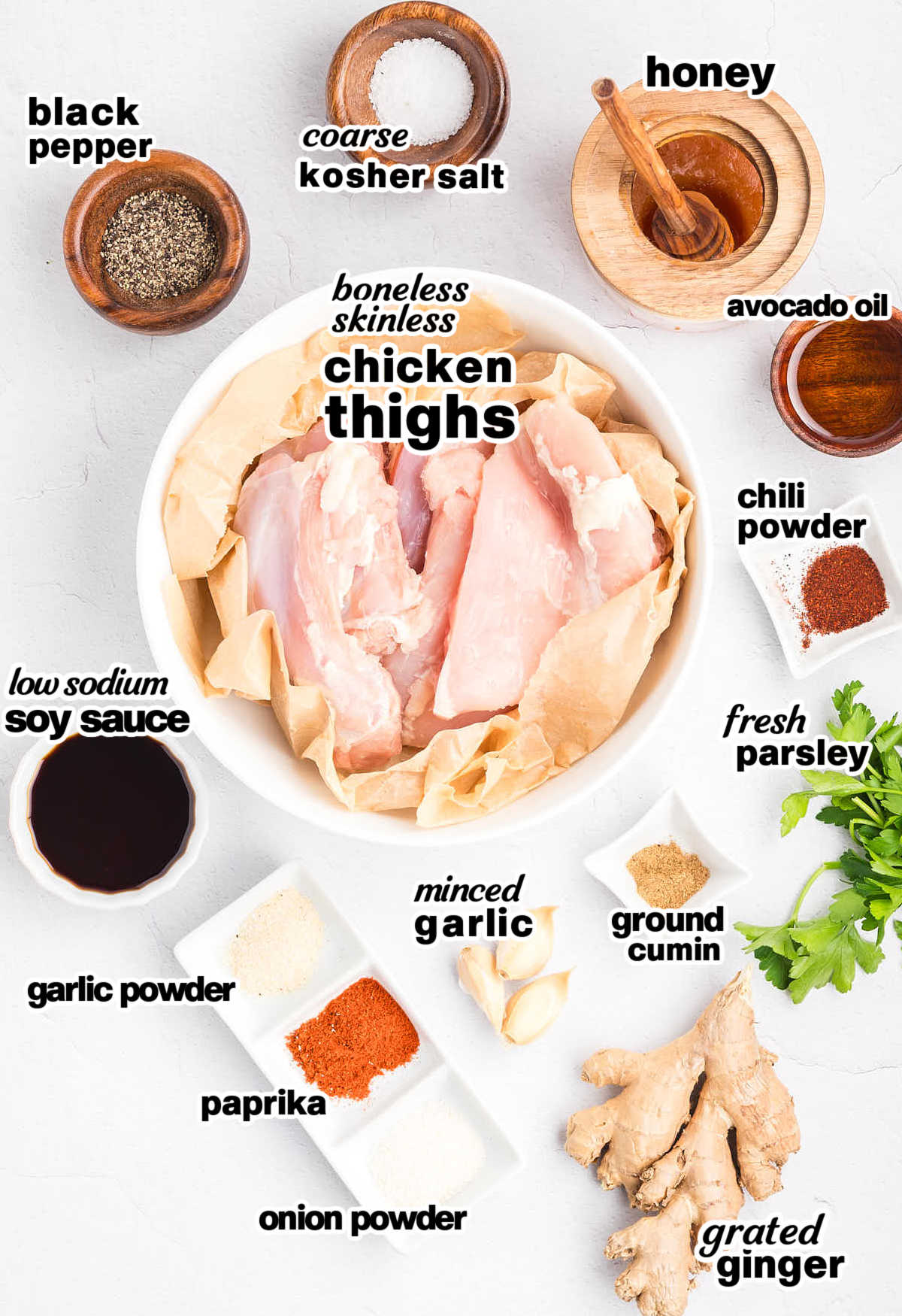 Ingredients needed to make Honey Garlic Chicken Thighs.
