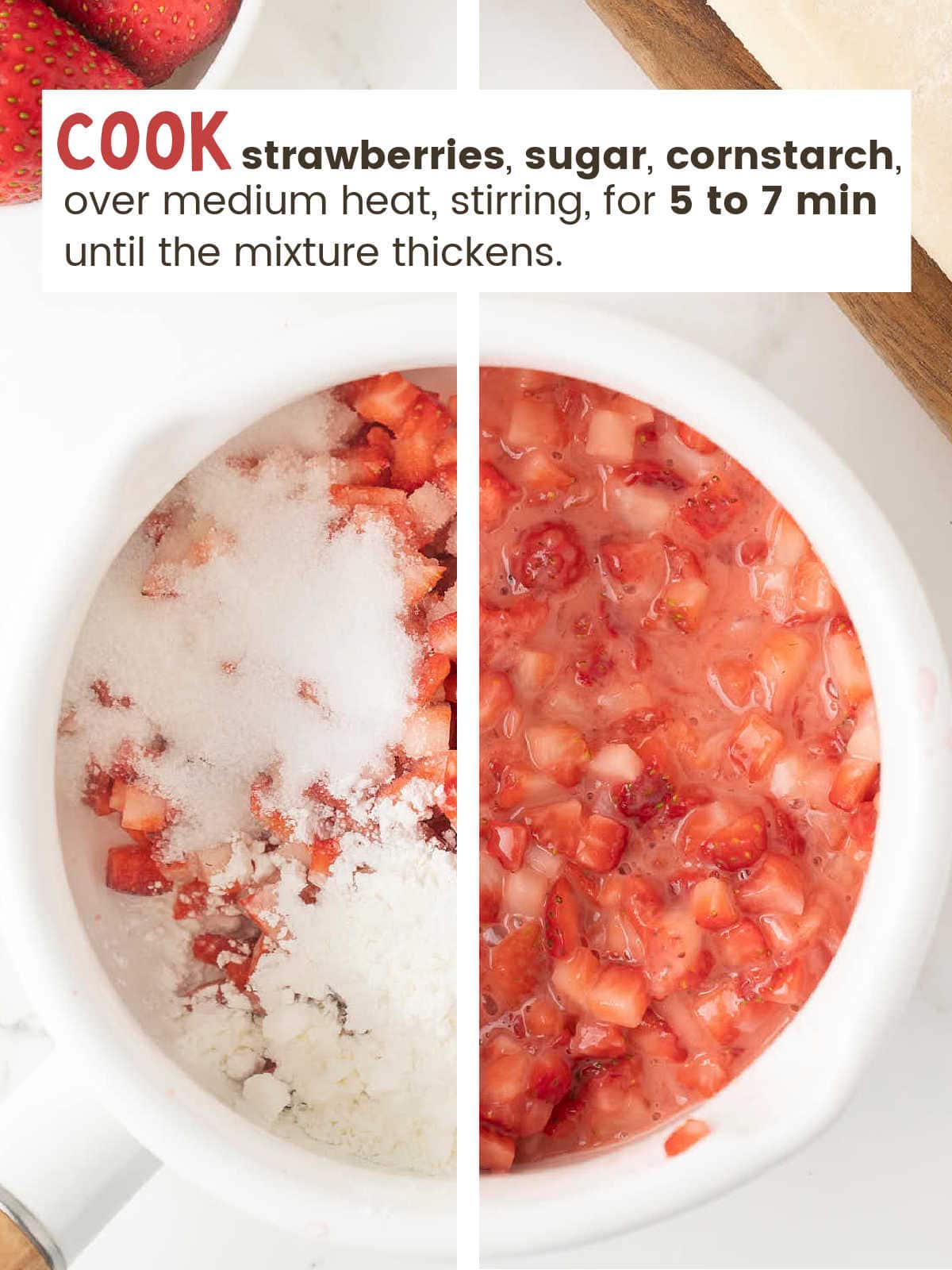 Cooked strawberry filling thickened in a white saucepan for Strawberry Turnovers.