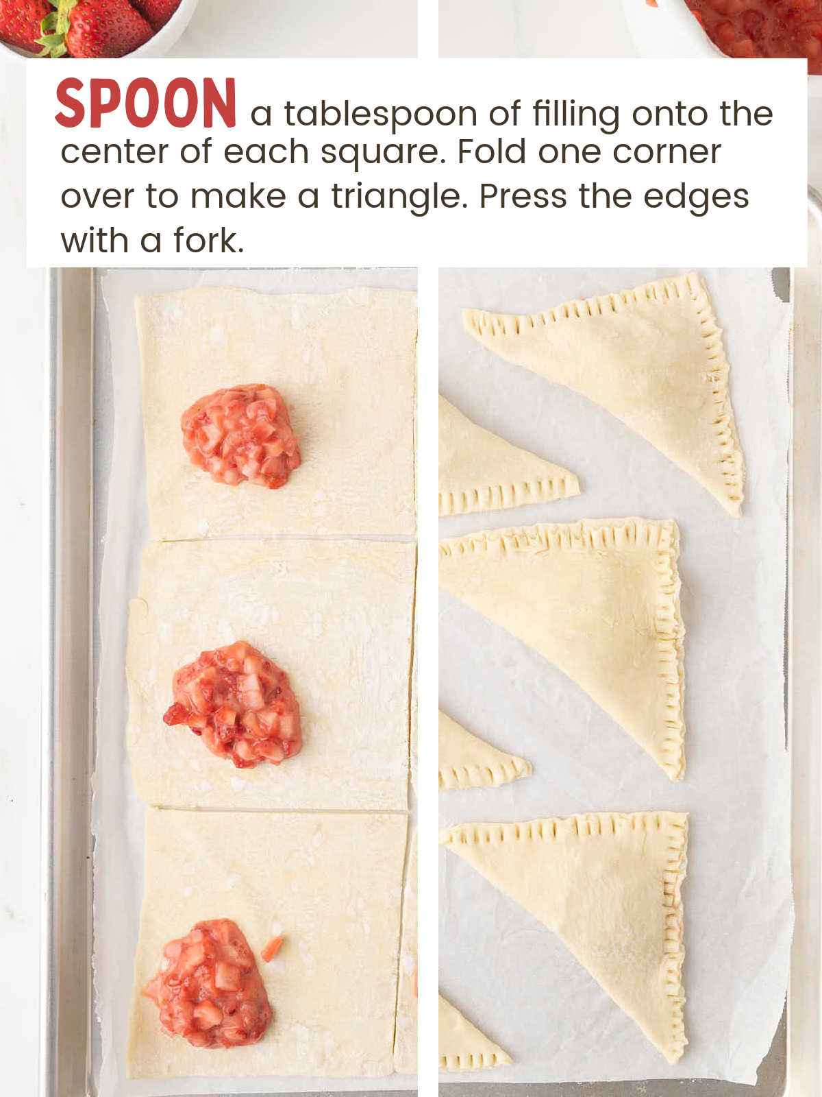 Strawberry filling spooned onto puff pastry squares for Strawberry Turnovers.