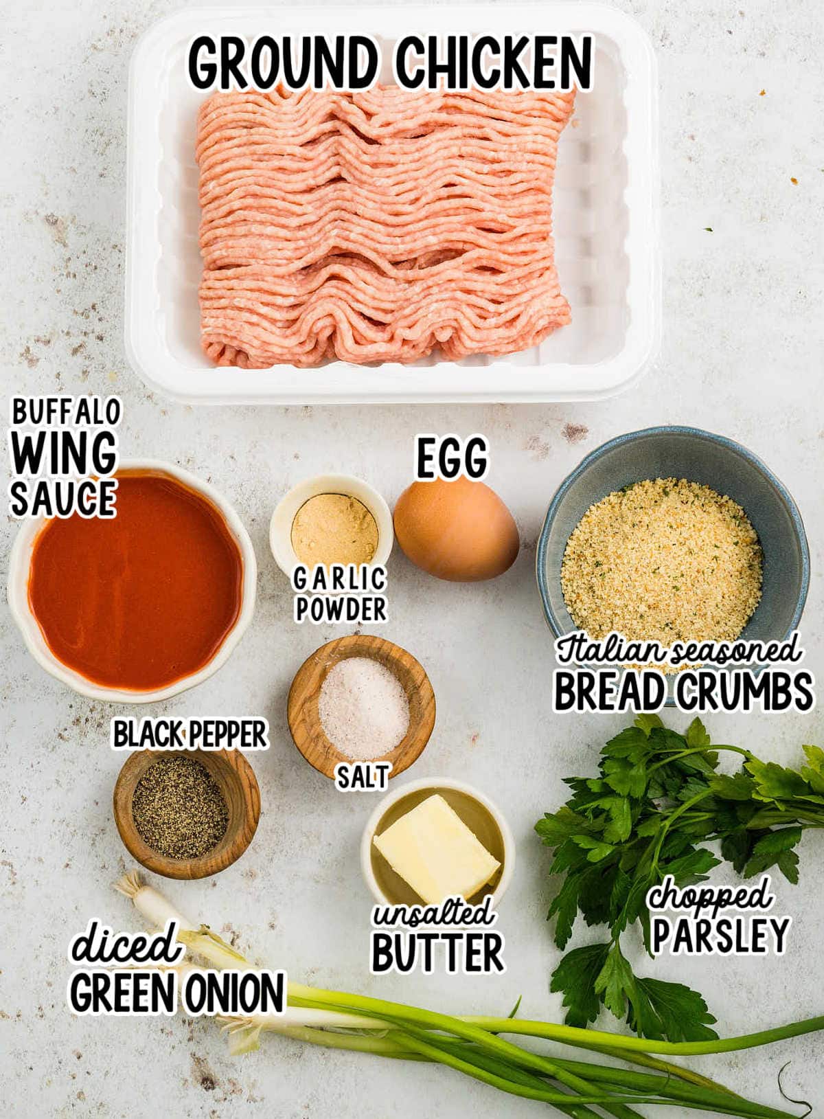 Ingredients needed to make Buffalo Chicken Meatballs.