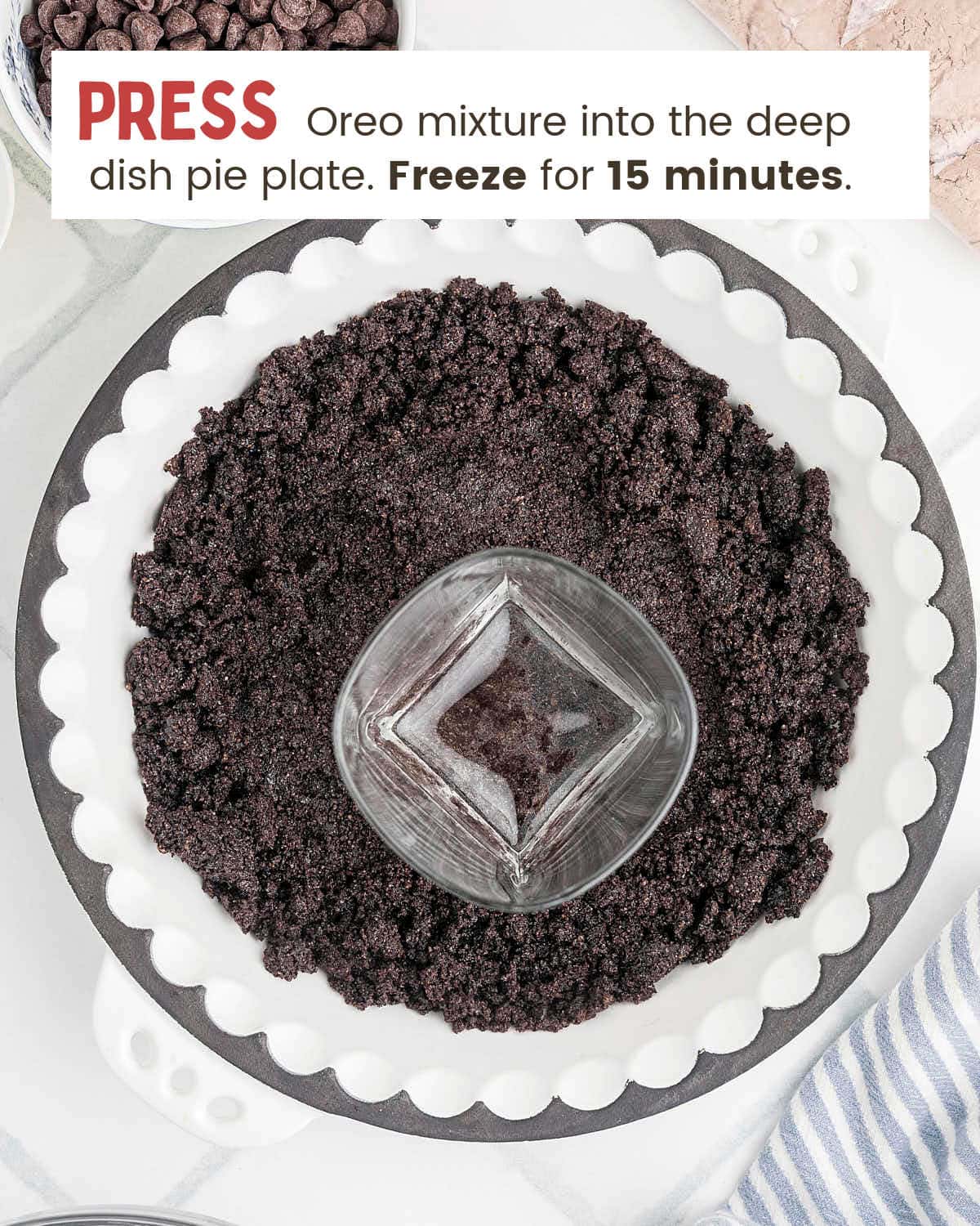 Cookie crust pressed into a deep-dish pie plate with the bottom of a glass.