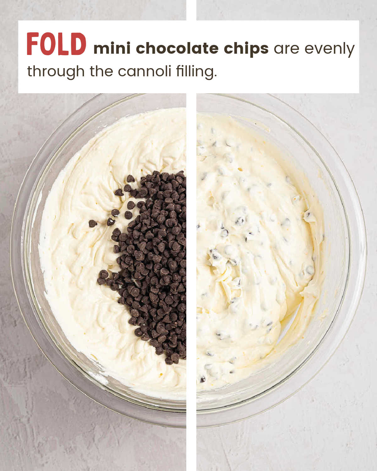 Side-by-side of mini chocolate chips before and after folding into the cannoli filling.