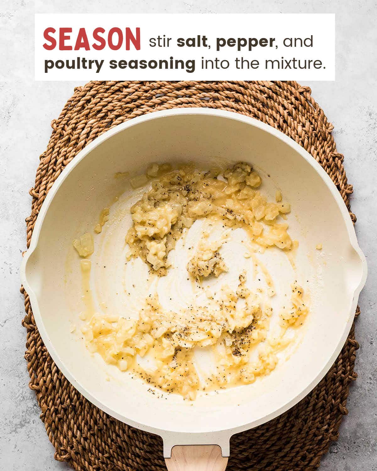 Salt, pepper, and poultry seasoning stirred into the Chicken Cobbler base.