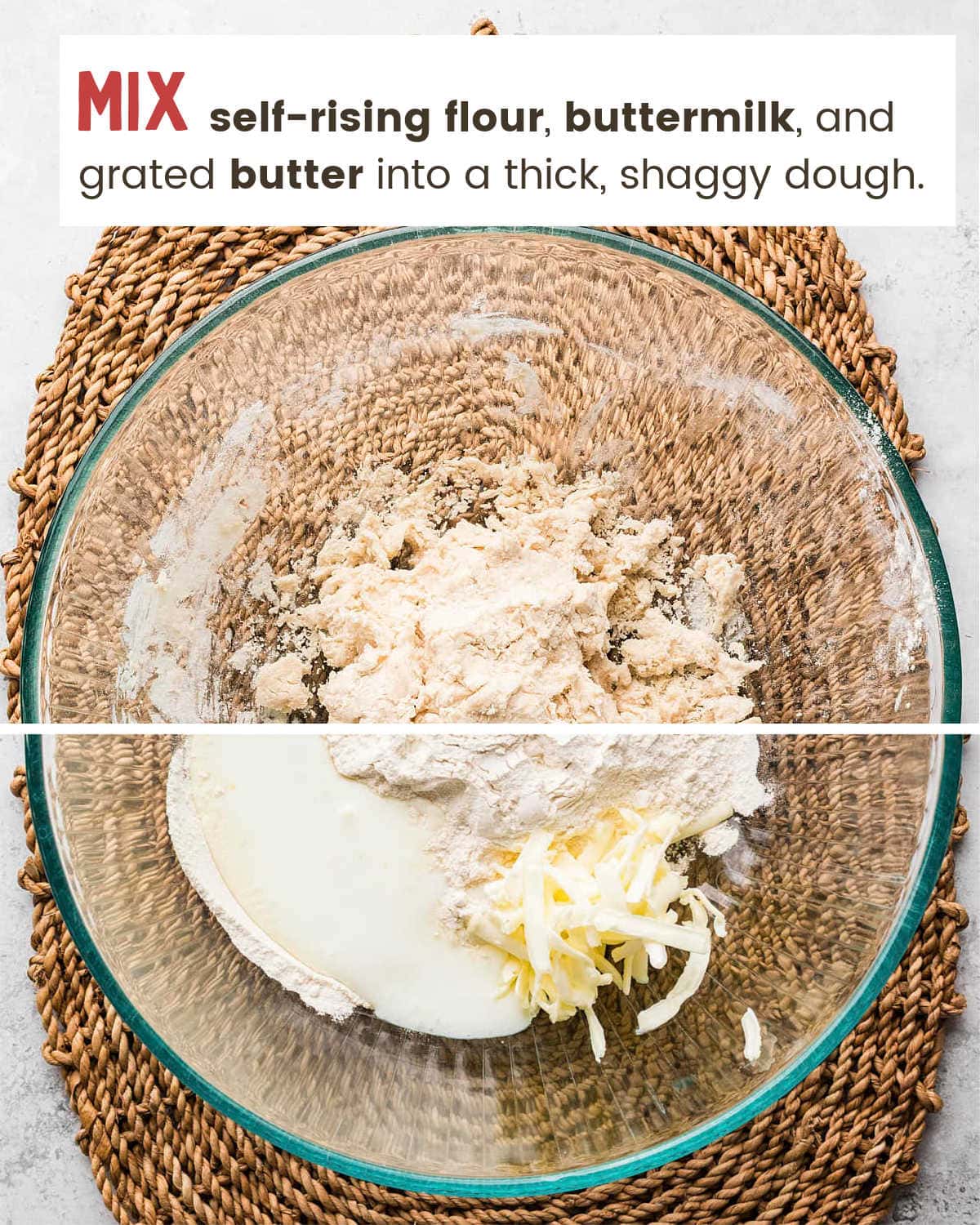 Biscuit topping ingredients mixed into a shaggy dough for Chicken Cobbler.