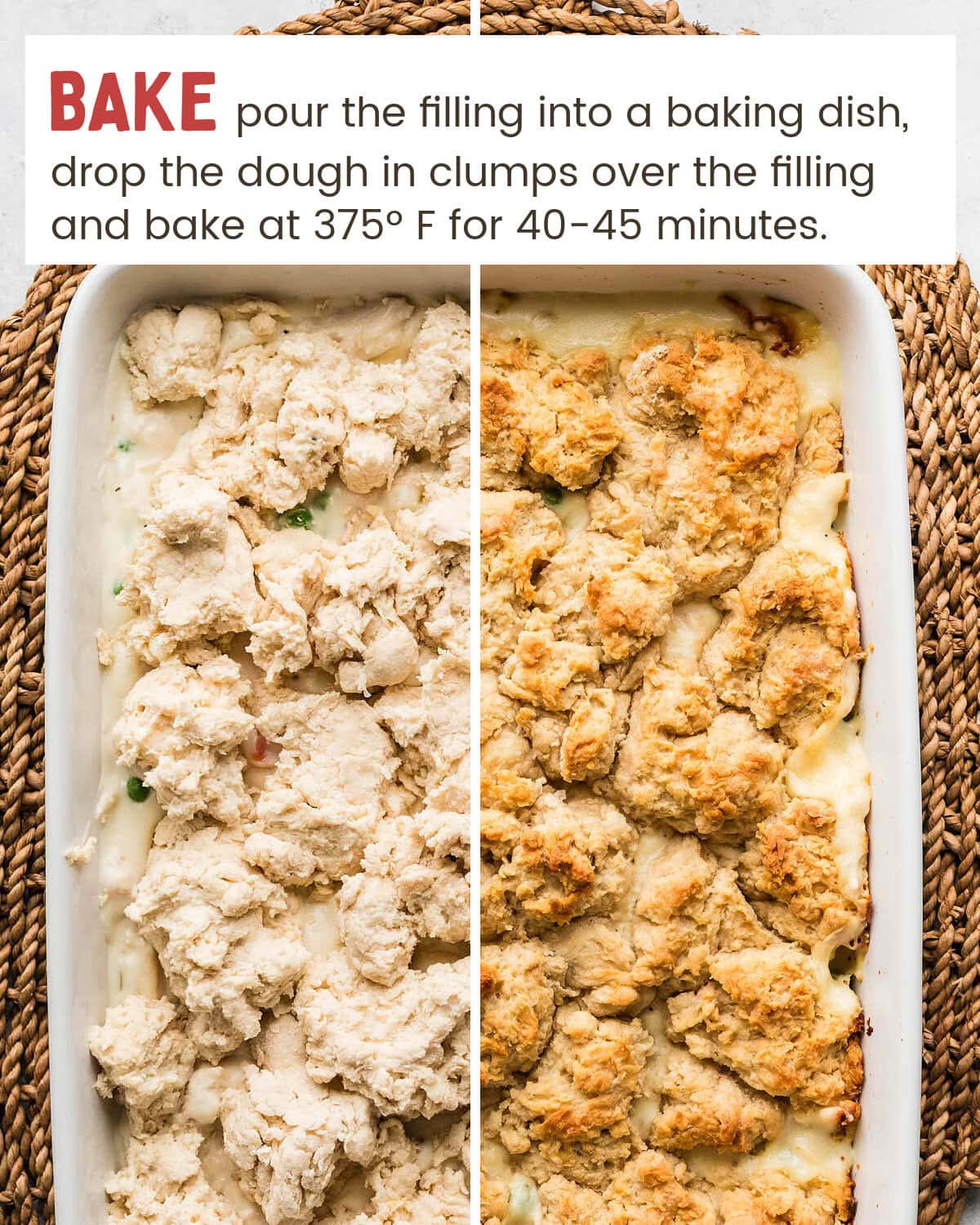 Chicken Cobbler before and after baking with a golden biscuit topping.