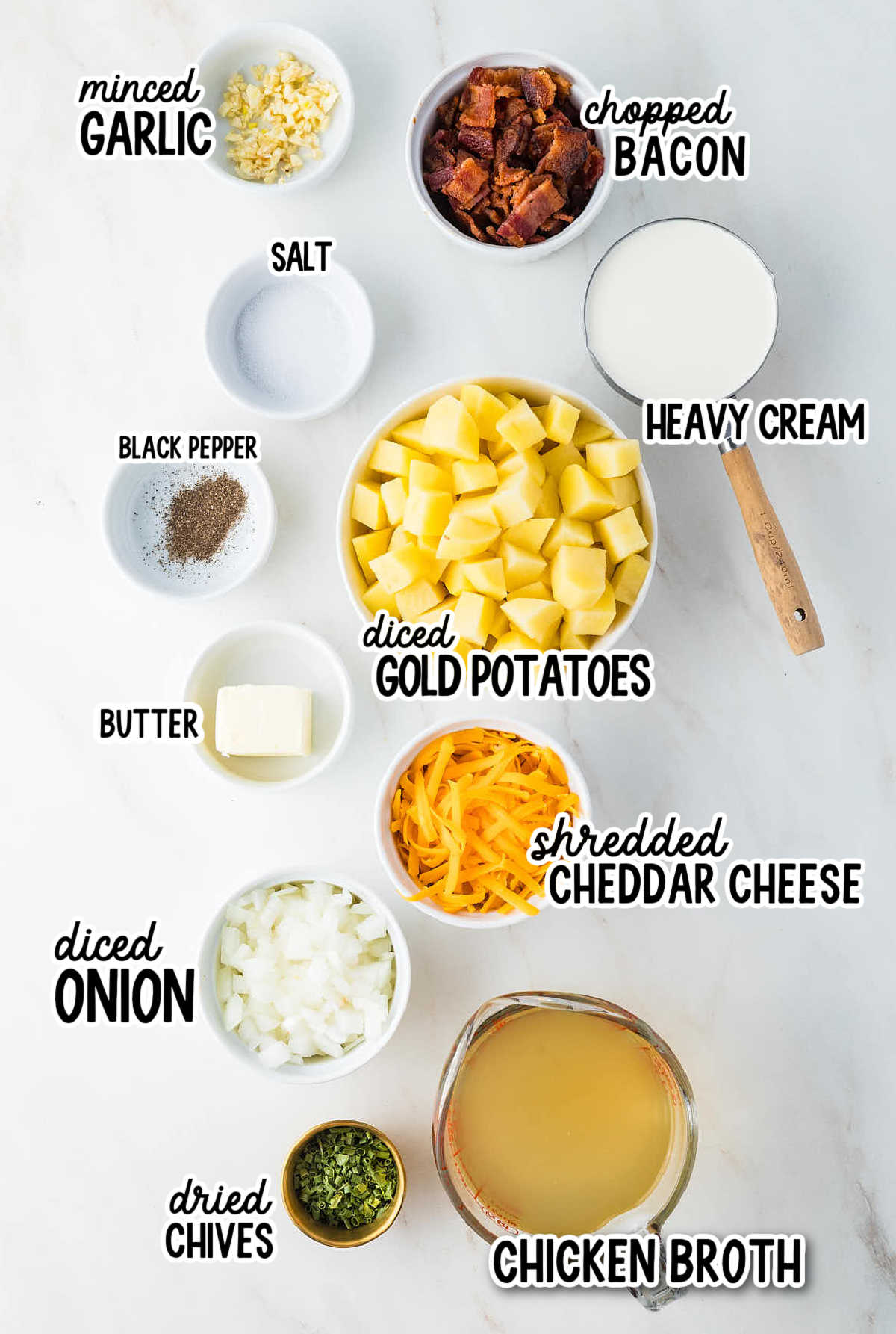 Ingredients needed to make Crockpot Loaded Potato Soup.
