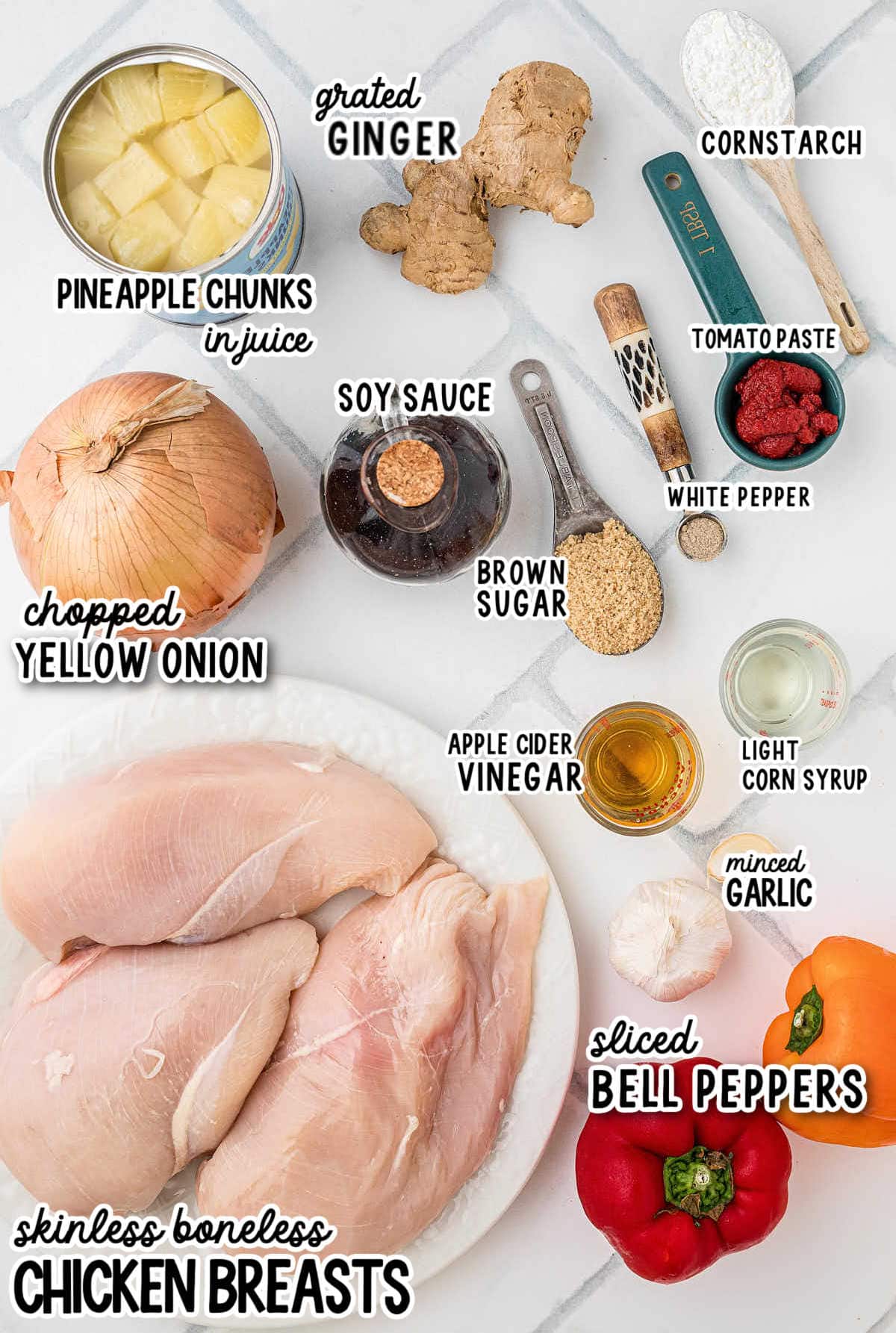 Ingredients needed to make Crockpot Sweet and Sour Chicken.
