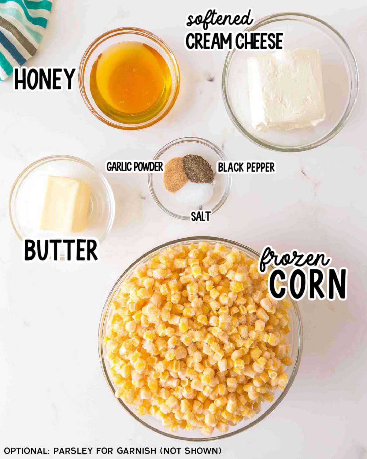 Ingredients needed to make Honey Butter Skillet Corn.