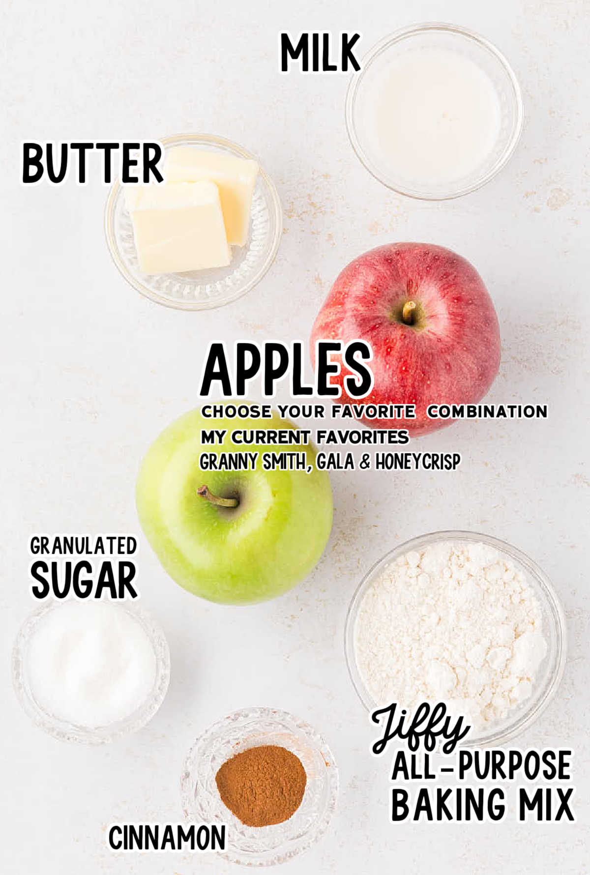 Ingredients needed to make an easy Apple Cobber with Jiffy Baking Mix.