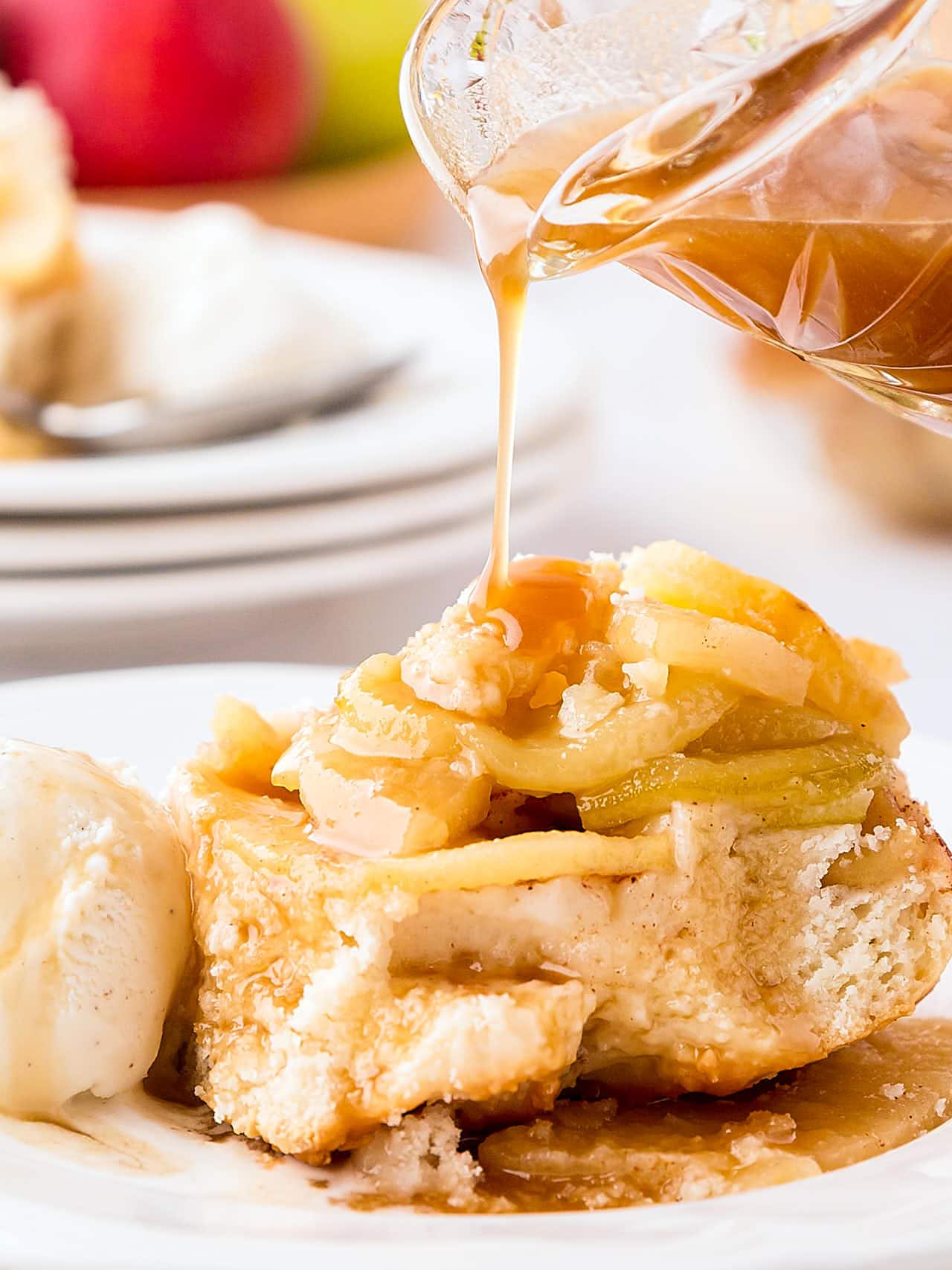 Closeup of a bite of Apple Cobbler on a spoon.