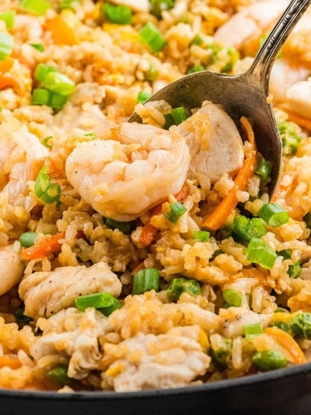 Chicken and Shrimp Fried Rice piled high on a serving spoon over the skillet.