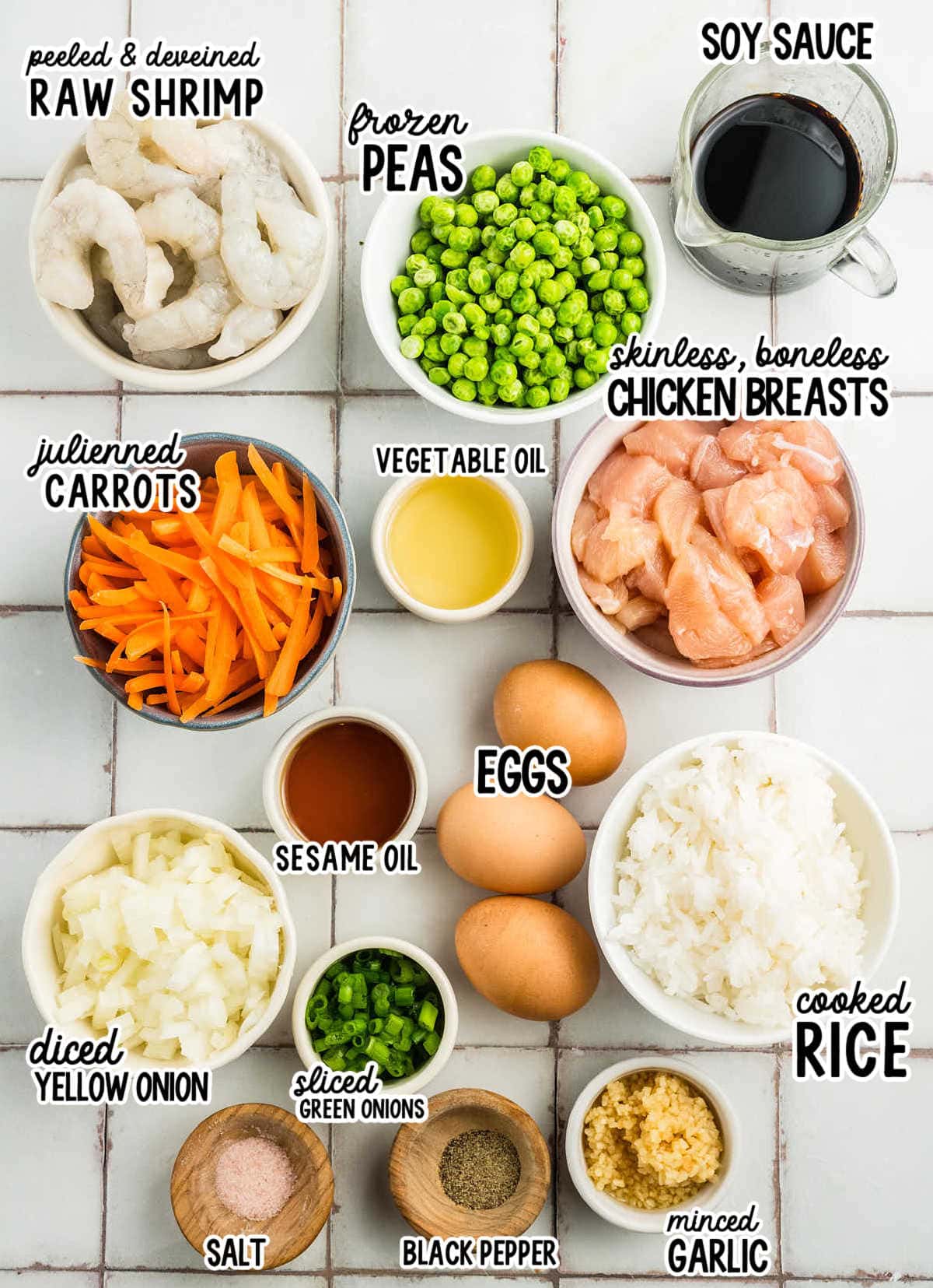 Ingredients needed to make Chicken and Shrimp Rice.
