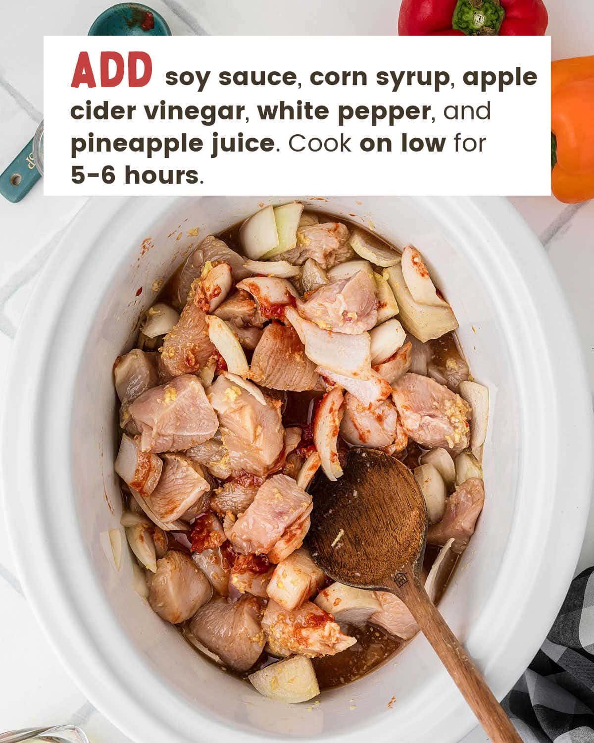 Stirring the chicken, onion, and sauce ingredients together in the slow cooker.