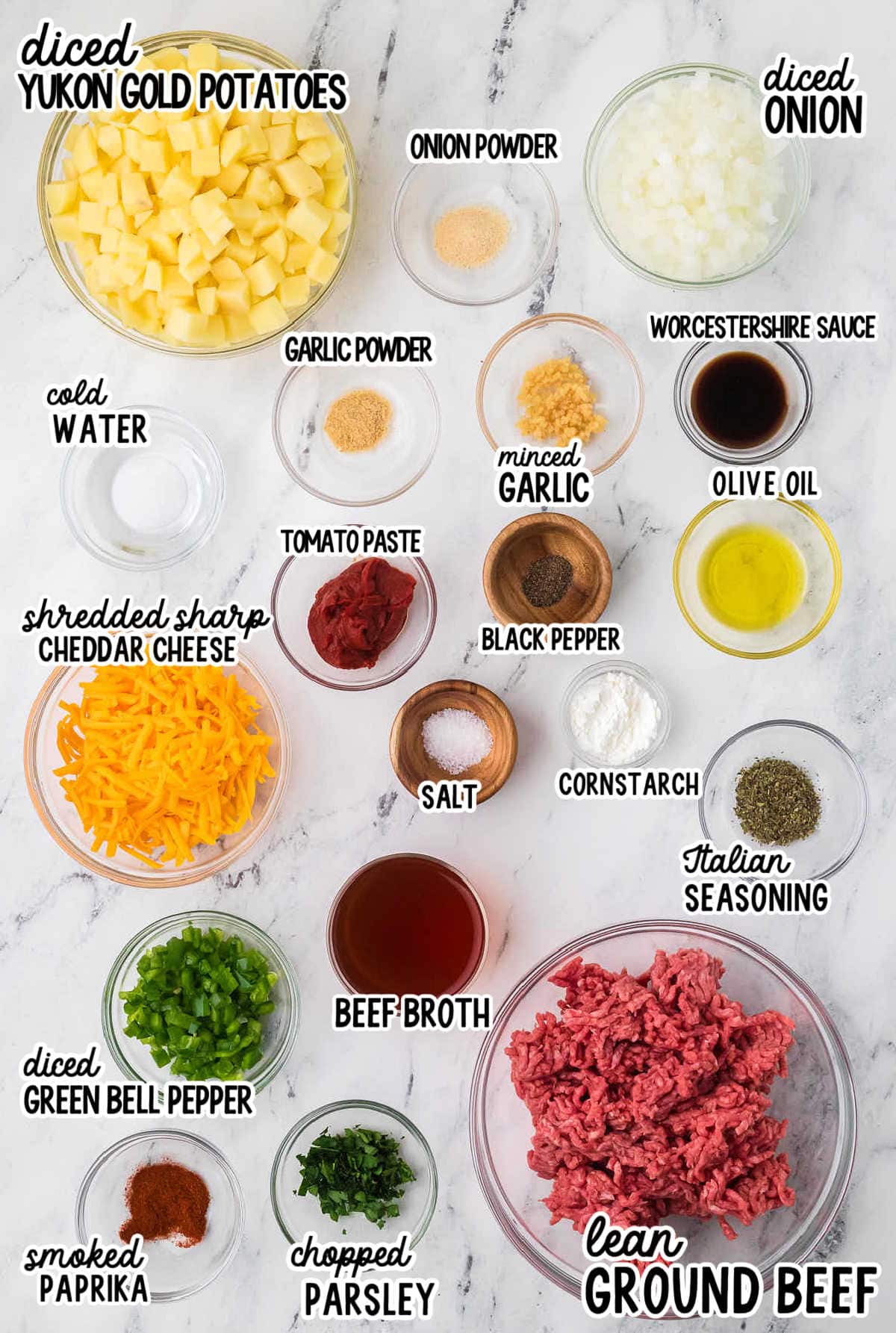 Ingredients need to make Ground Beef and Potatoes. 