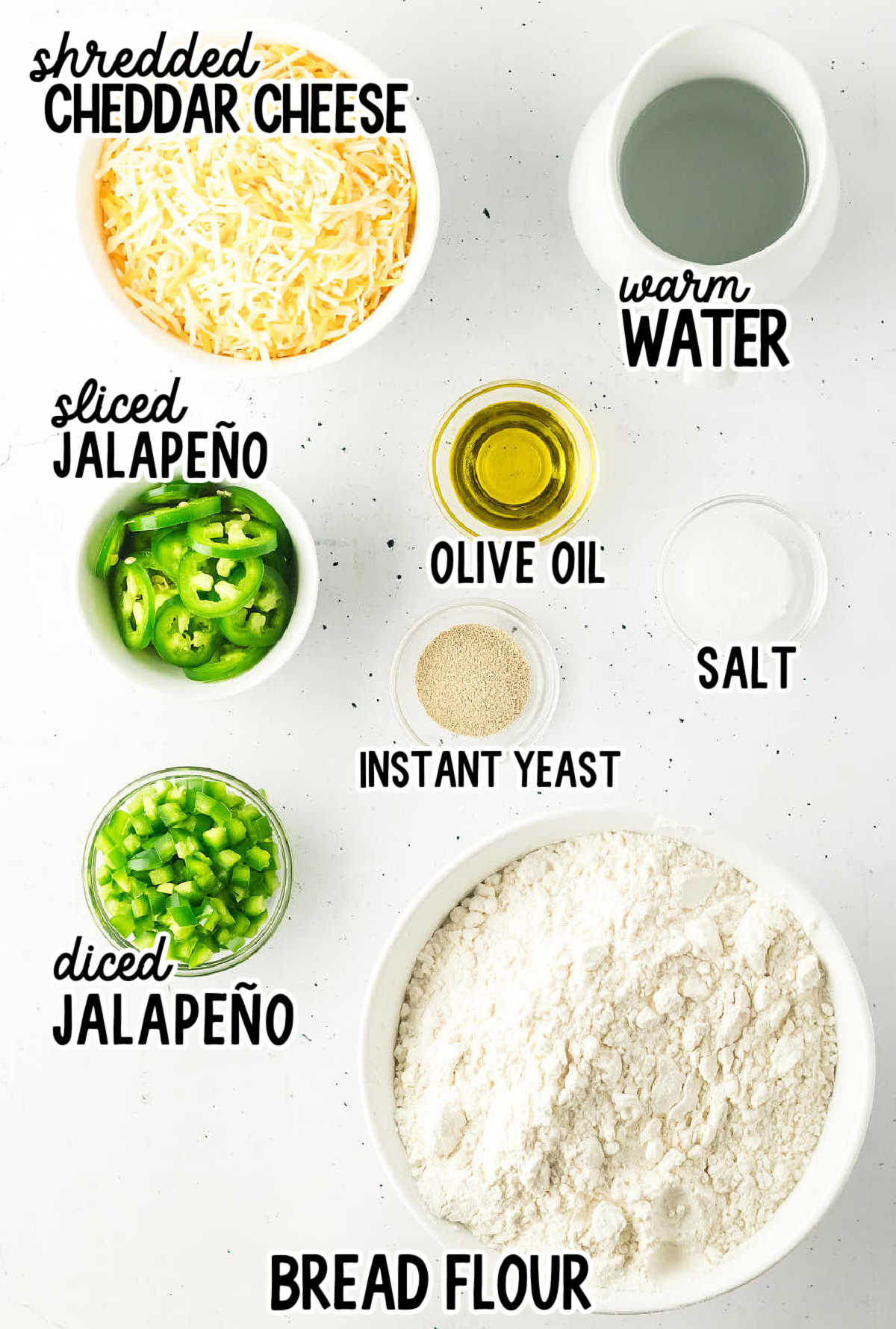 Ingredients needed to make a Jalapeño Cheddar Bread. 