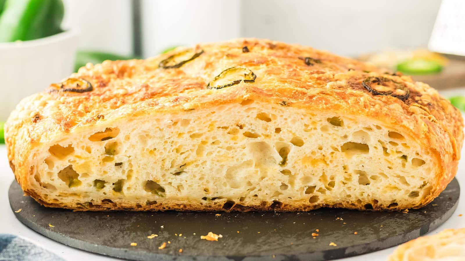 Cross section of Jalapeño Cheddar Bread showing an open, airy crumb.