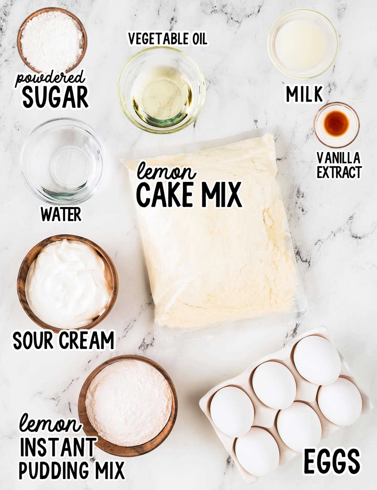 Ingredients needed to make Lemon Bundt Cake.