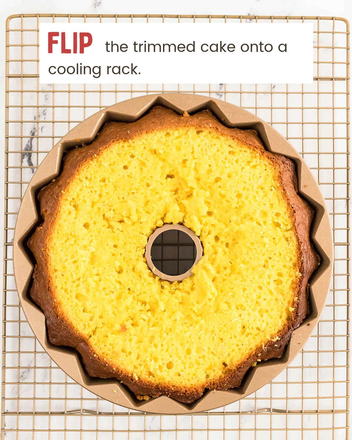 Level Lemon Bundt Cake in the pan after trimming.