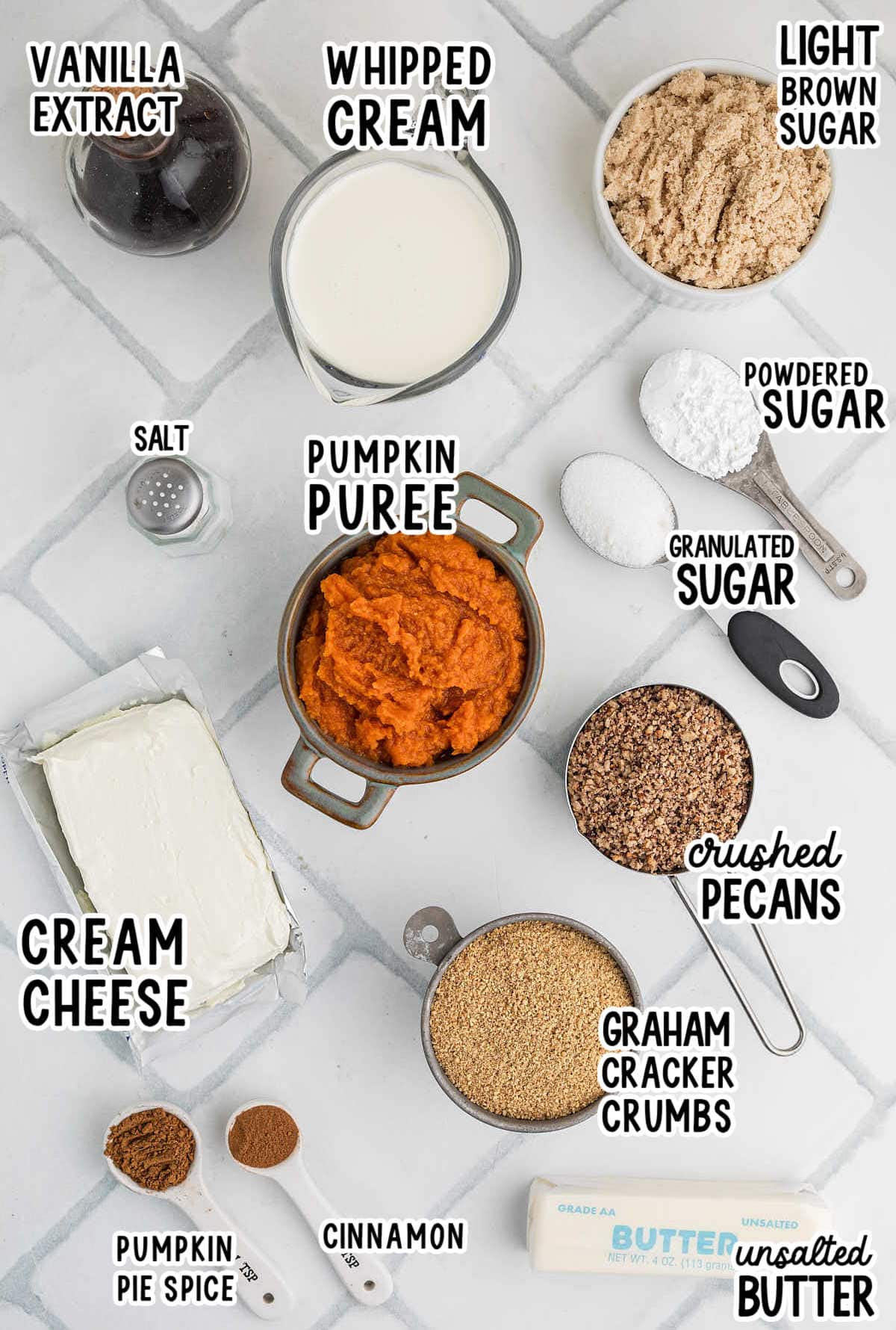 Ingredients needed to make a No-Bake Pumpkin Cheesecake.