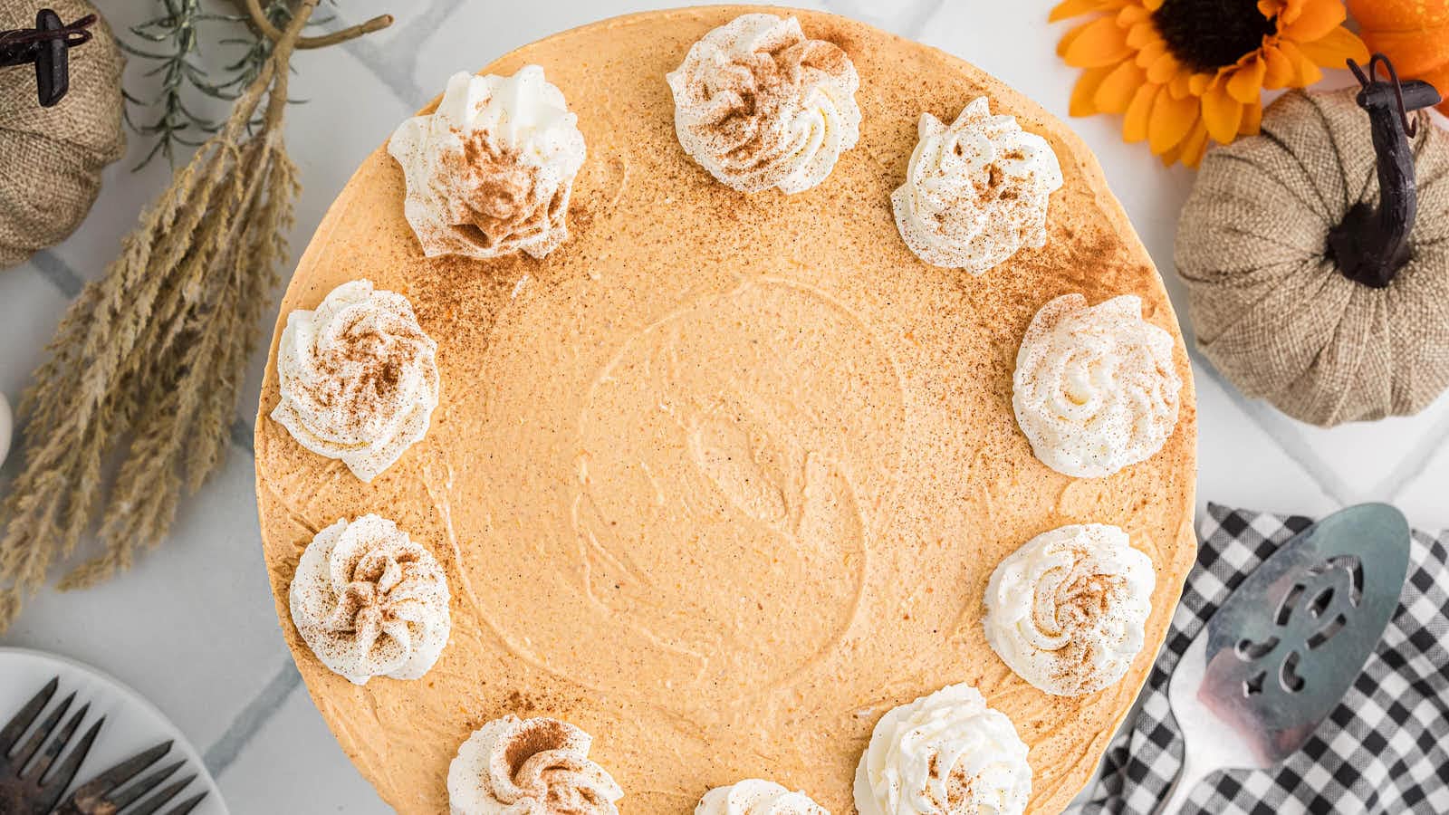 Overhead of a No Bake Pumpkin Cheesecake decorated with cinnamon-dusted whipped cream.