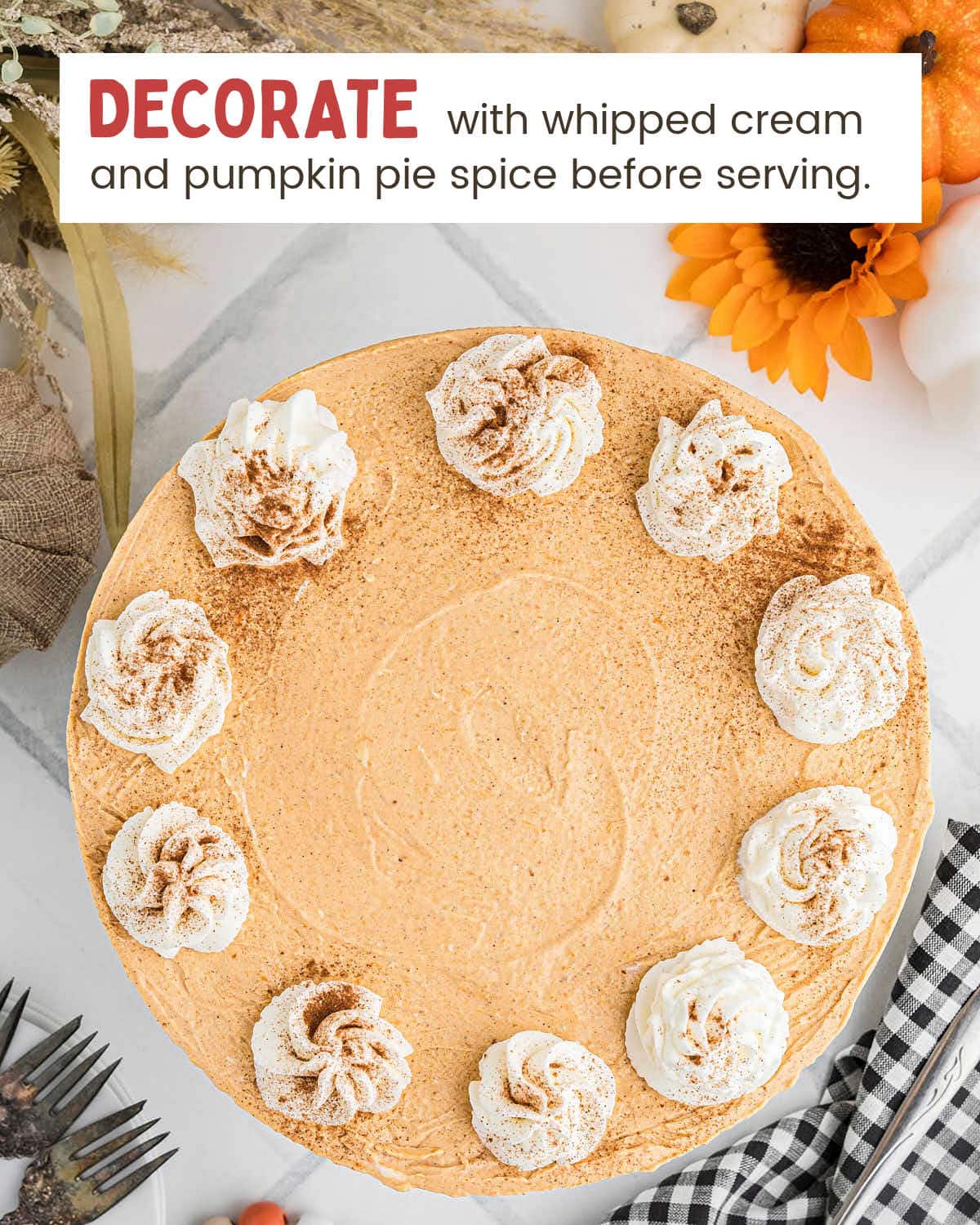 Finished No Bake Pumpkin Cheesecake topped with whipped cream swirls and pumpkin pie spice.