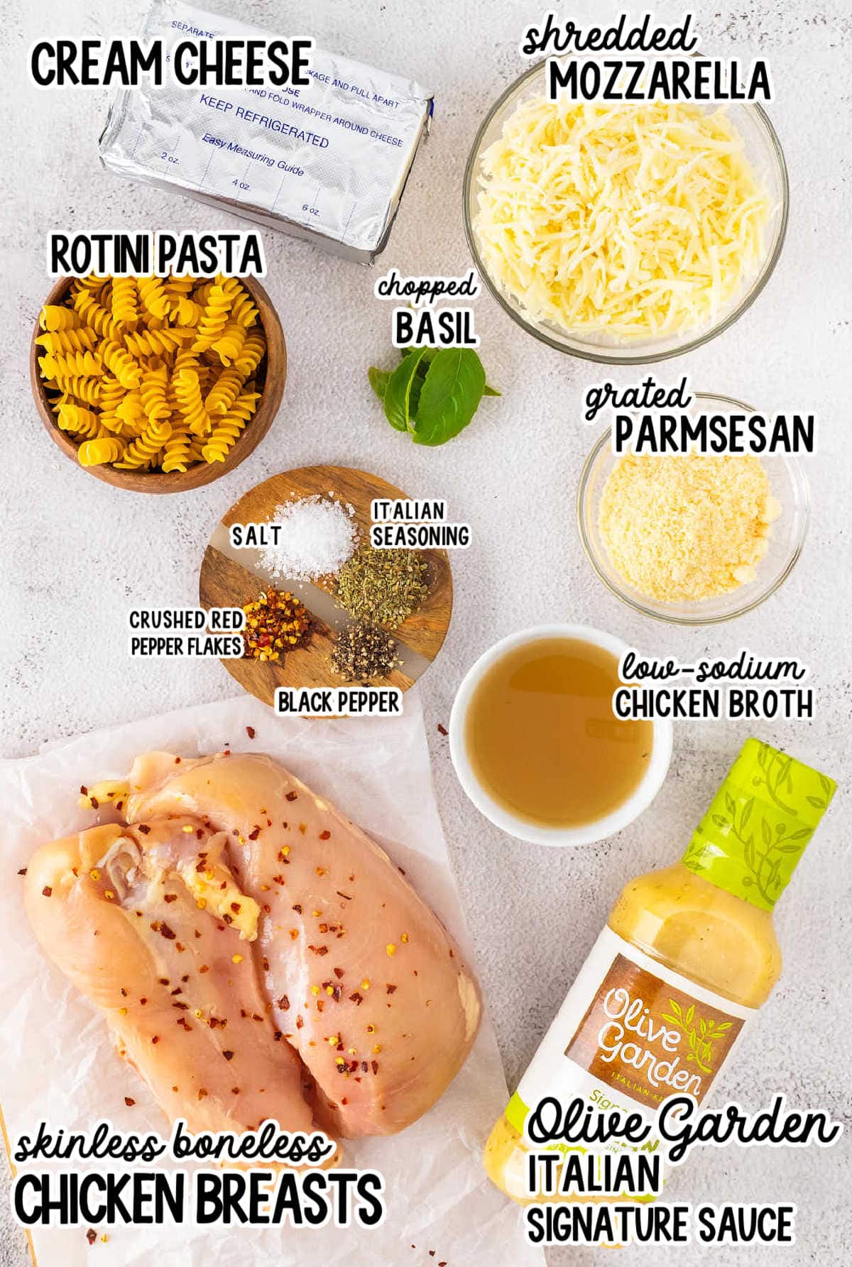 Ingredients needed to make a Copycat Olive Garden Chicken Pasta recipe.