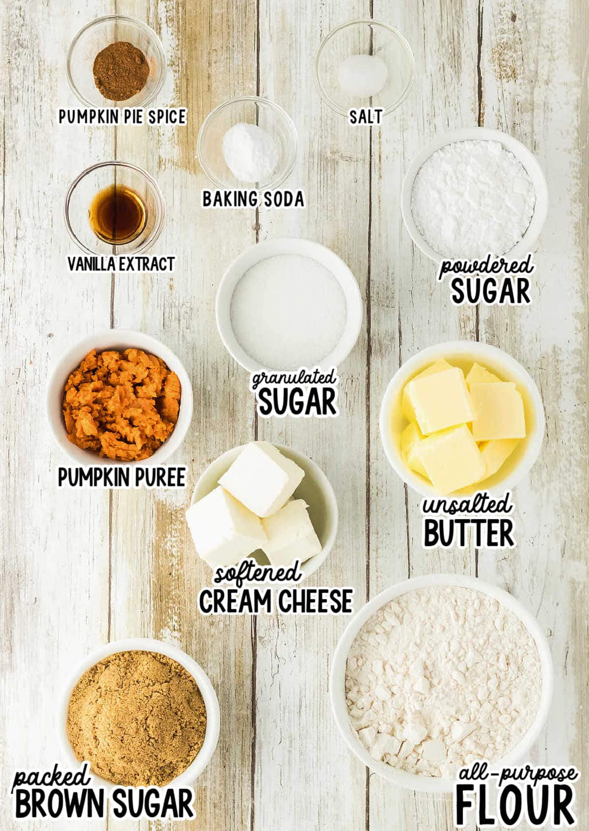 Ingredients needed to make Pumpkin Cheesecake Cookies.