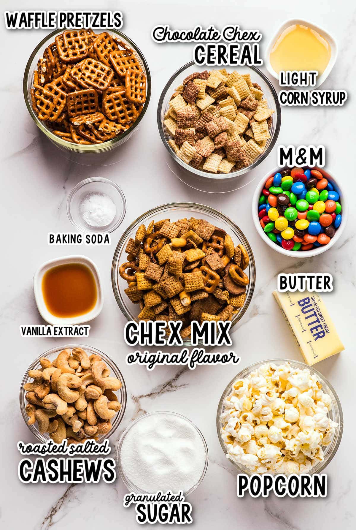 Ingredients needed to make Sweet and Salty Chex Mix.