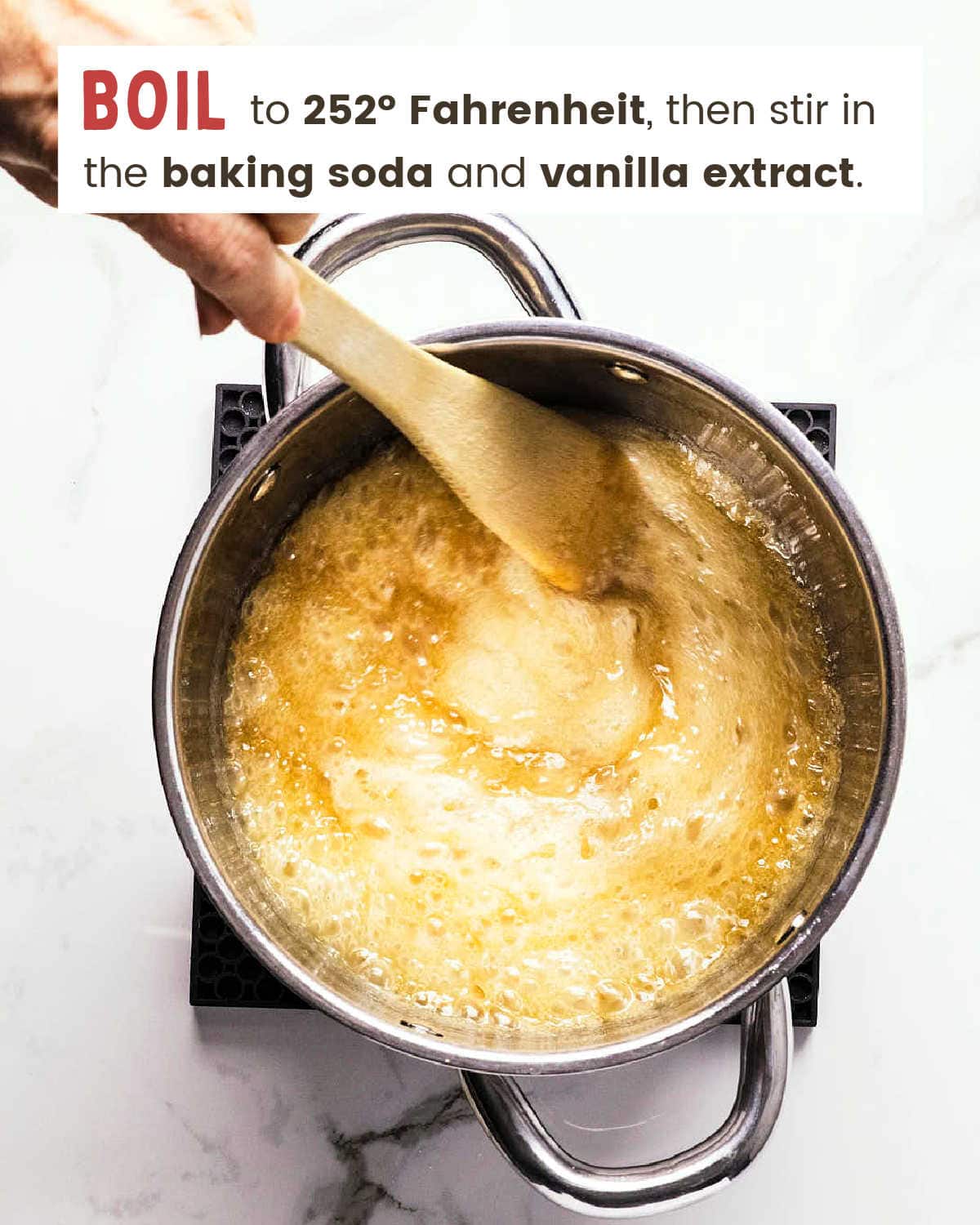 Candy coating boiling and foaming after the baking soda and vanilla go in.