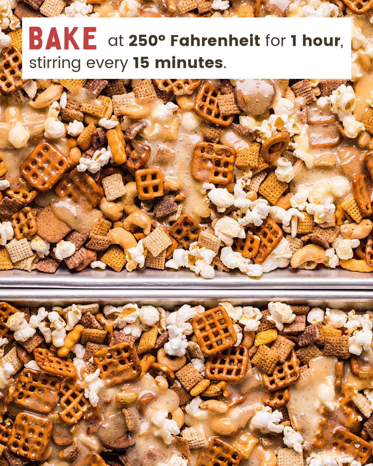 Candy coating poured over Sweet and Salty Chex Mix on two sheet pans.