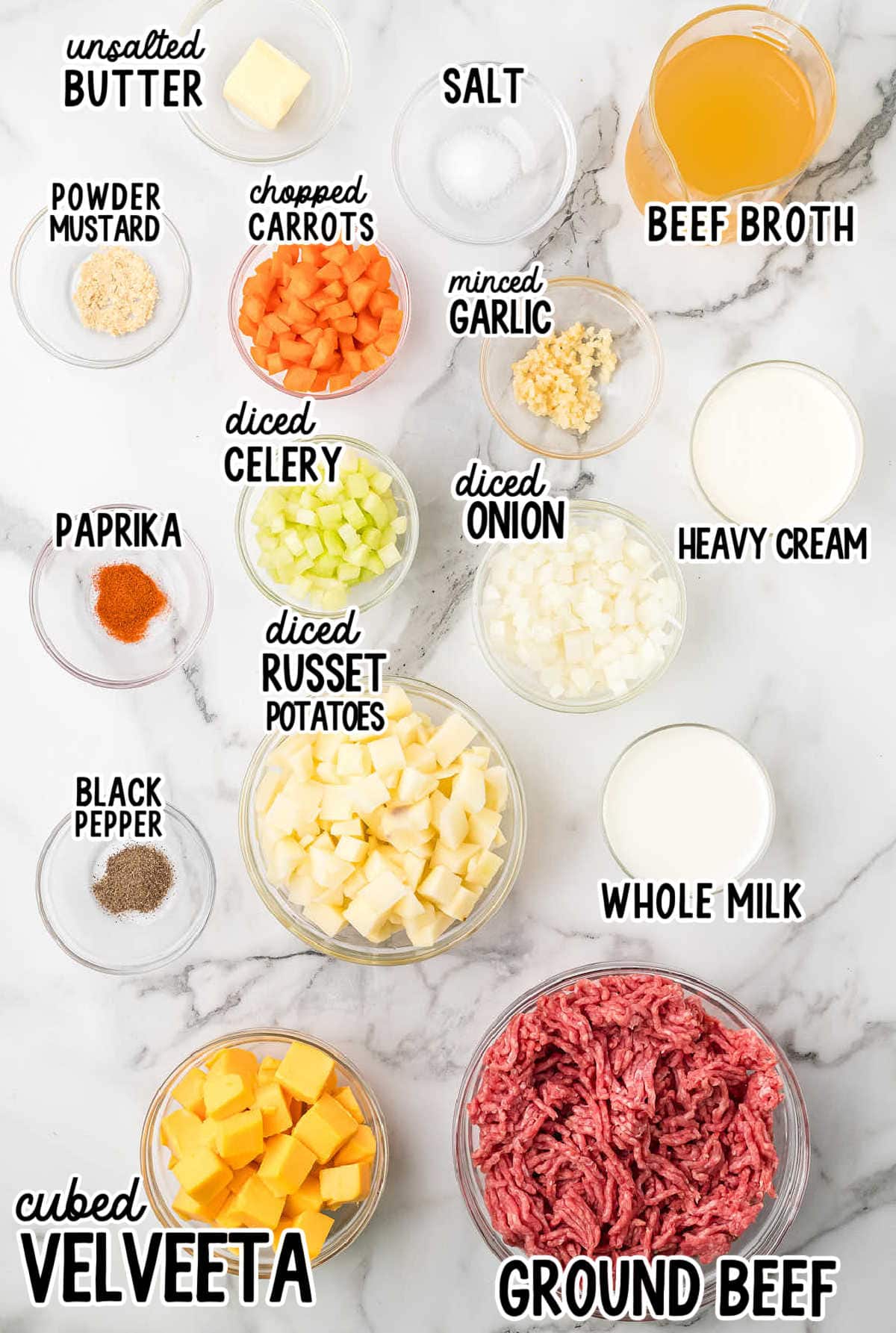 Ingredients needed to make a Cheeseburger Soup.