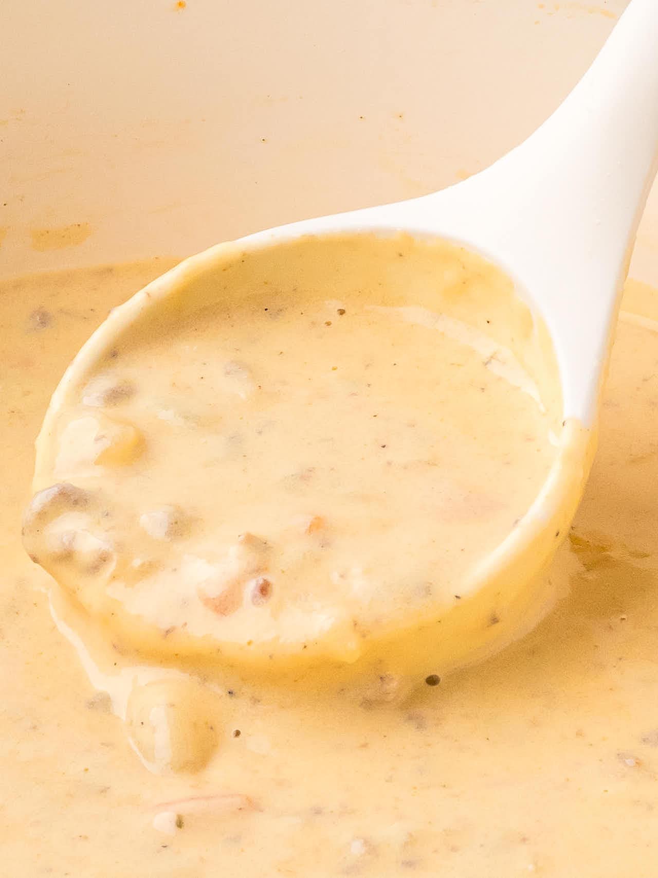 Closeup of a thick ladleful of Cheeseburger Soup.