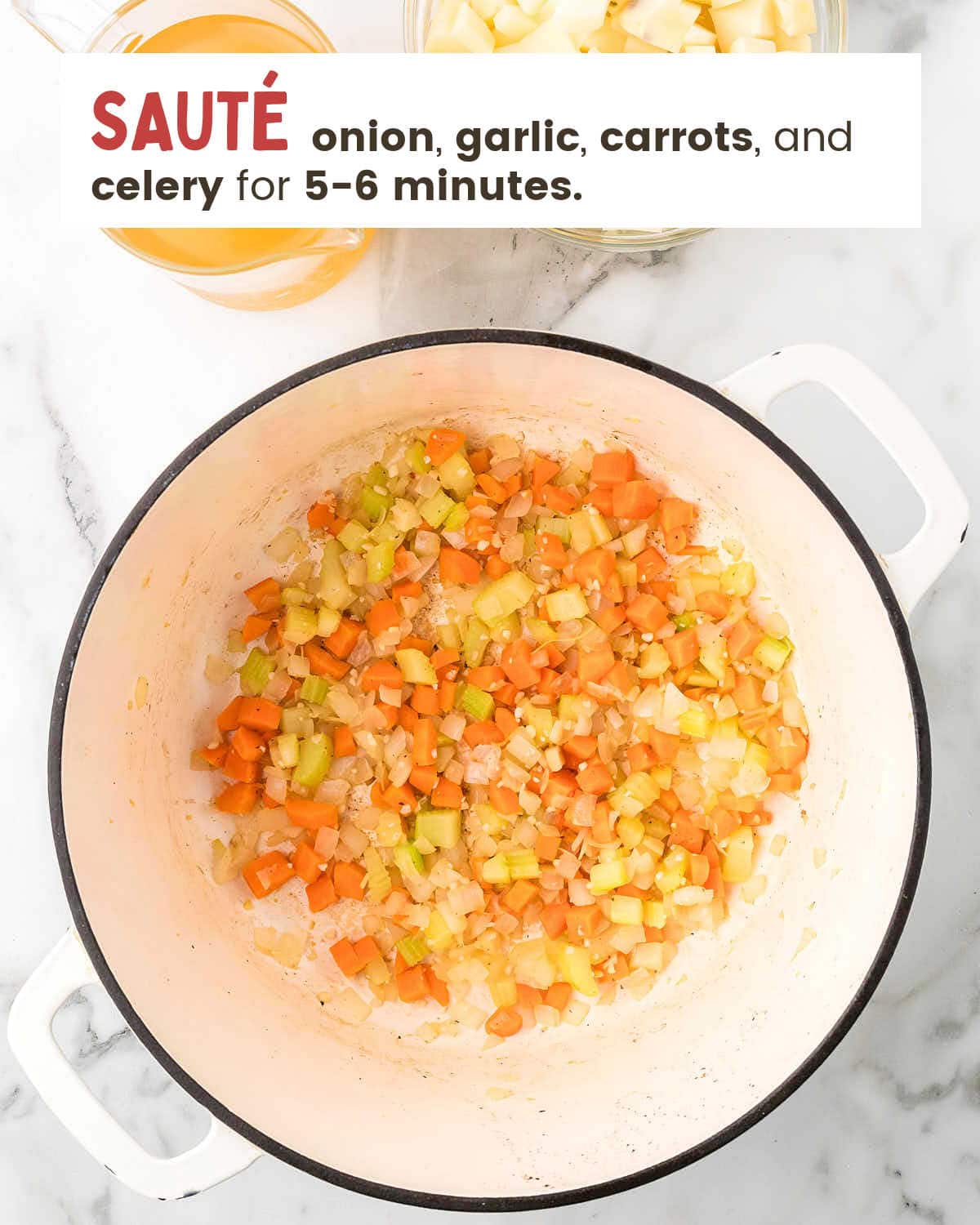 Sautéed onion, carrots, celery, and garlic in the pot.