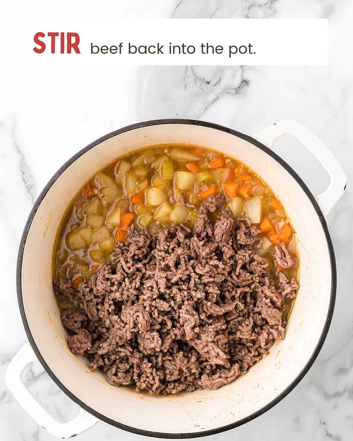 Browned ground beef added back to the pot.