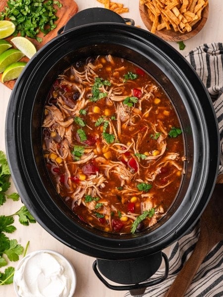 Overhead view of Crockpot Chicken Enchilada Soup in a black slow cooker with a wooden ladle and fresh cilantro.