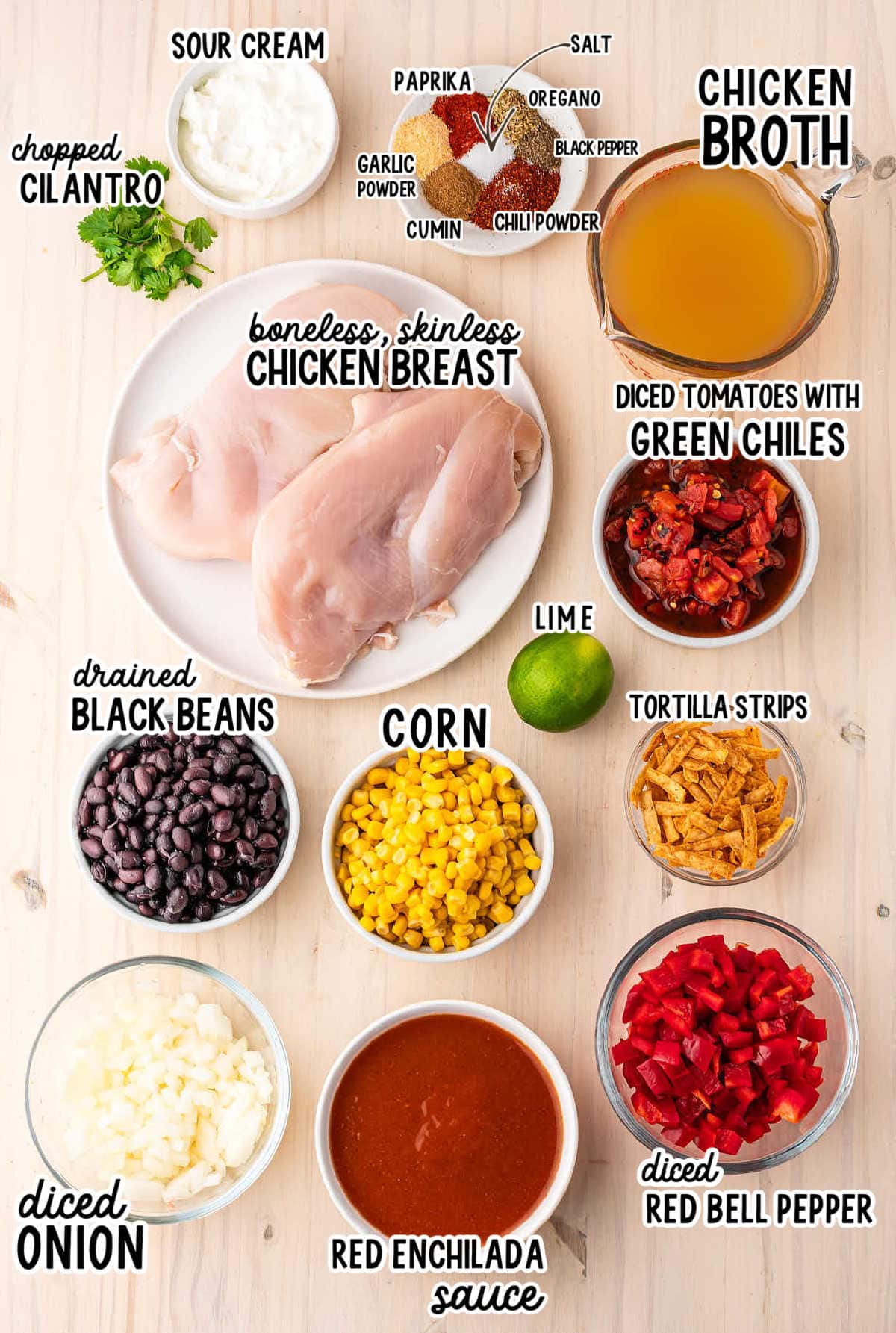 Ingredients needed to make Crockpot Chicken Enchilada Soup.