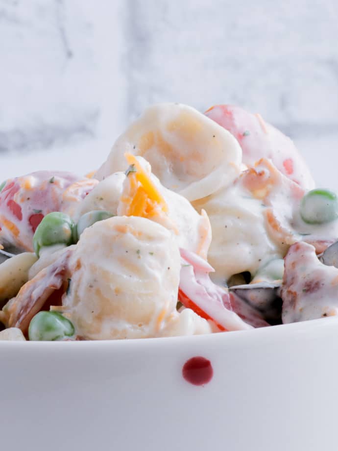 A bowl of the creamiest, tastiest Bacon Ranch Pasta Salad