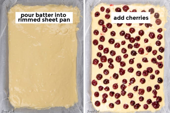 Cherry Crumble Steps: batter in sheet pan + batter with cherries