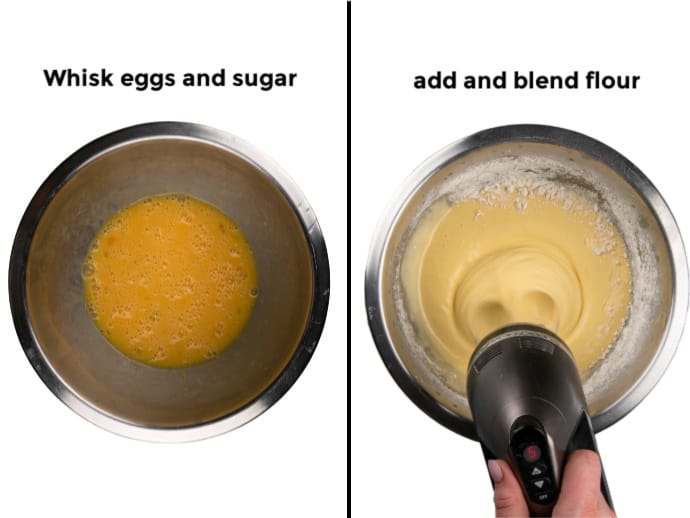 Steps: whisking eggs and suagar + blending in flour
