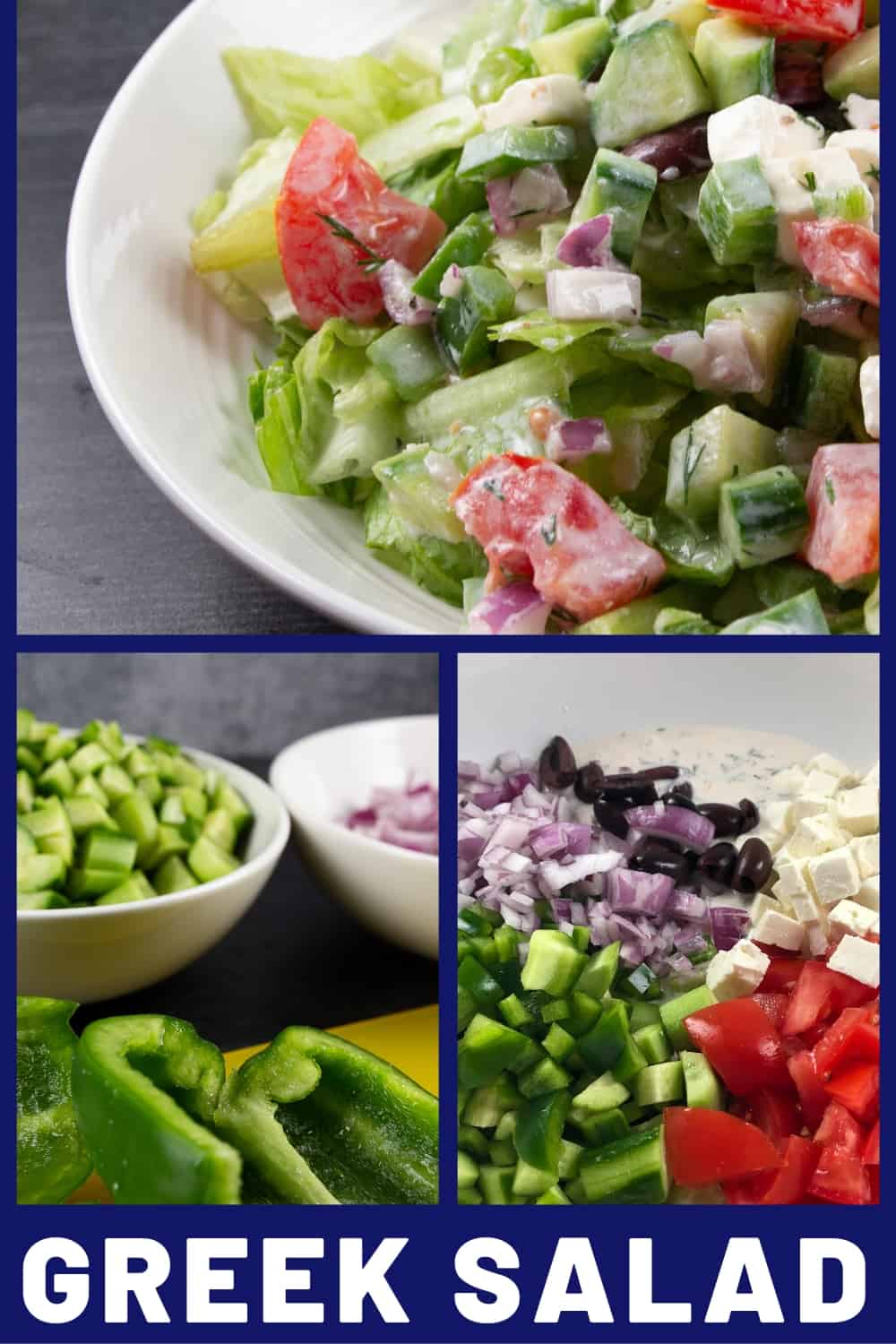This Greek salad is a healthy week night alternative to take out when you need to get dinner on the table fast! #salad #recipe #healthy #cucumber #traditional #chopped #classic #authentic ♡ cheerfulcook.com via @cheerfulcook