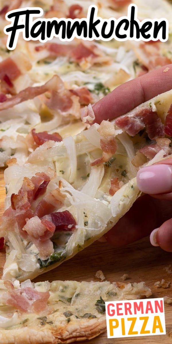Flammkuchen (flame cake) or tarte flambée is a delicious and popular German flatbread. Topped with creme fraiche (or sour cream), onions, and bacon it's easy to make and incredibly delicious. Perfect with a glass of Riesling.  #cheerfulcook #flammkuchen #flamecake # #tarteflambée #germanpizza ♡ cheerfulcook.com via @cheerfulcook